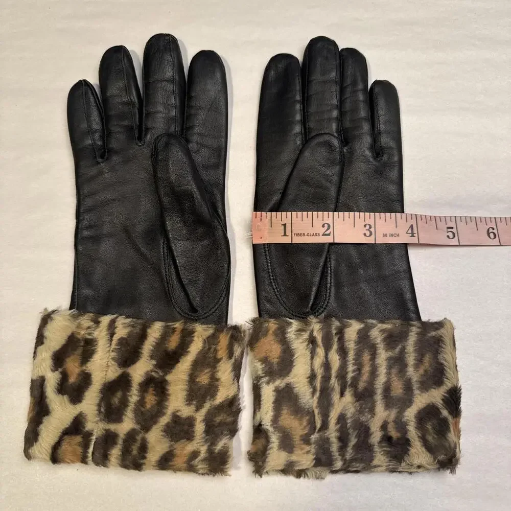 Luxe 90s Carolina Amato Leather‎ + Leopard cuff Gloves size 7.5